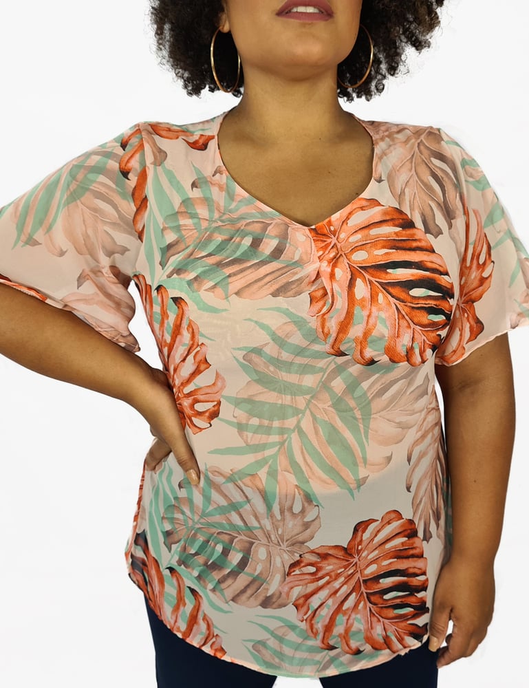 Blusa Manga Curta Plus Folhagem