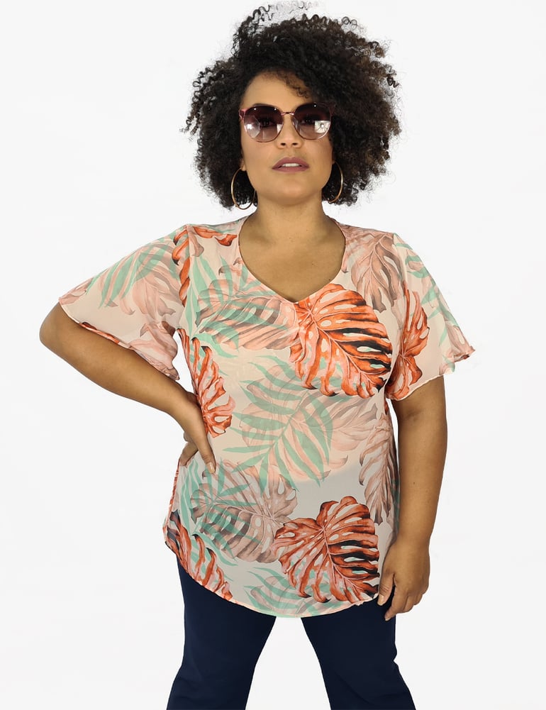 Blusa Manga Curta Plus Folhagem