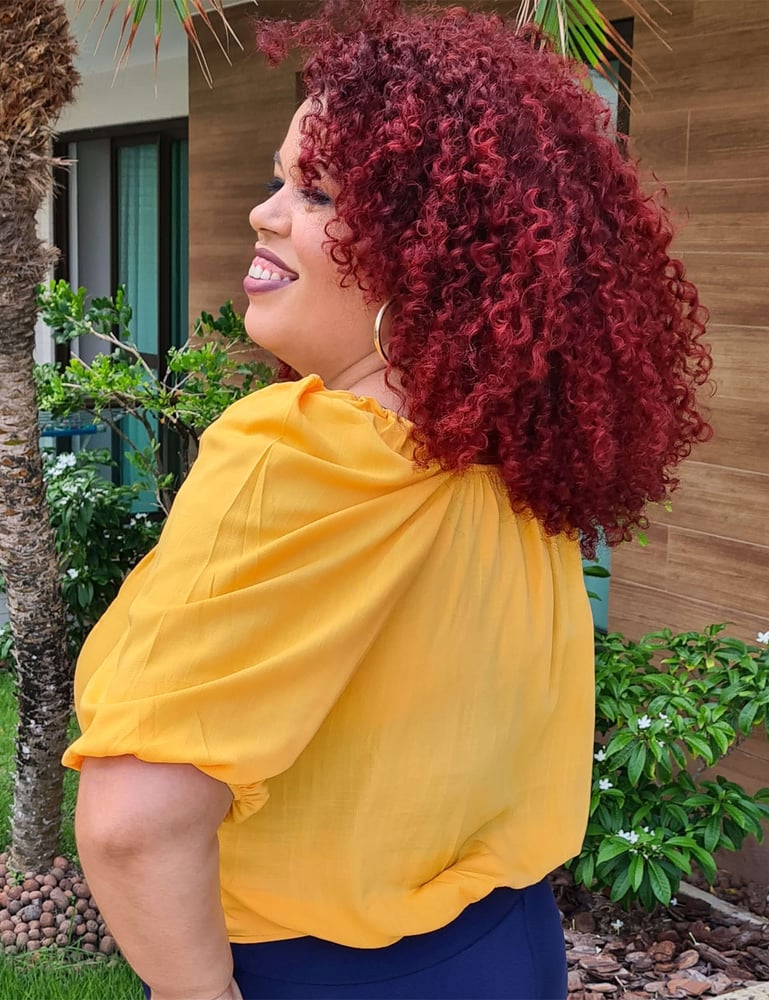 Blusa Feminina Plus Manga Bufante Mostarda