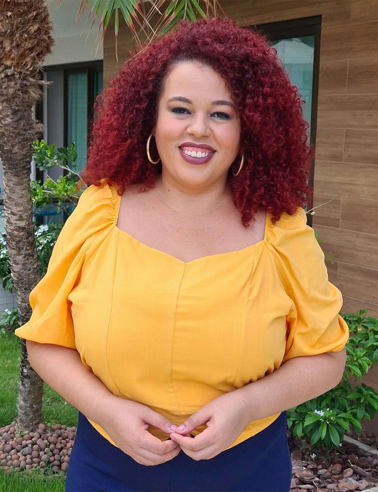 Blusa Feminina Plus Manga Bufante Mostarda