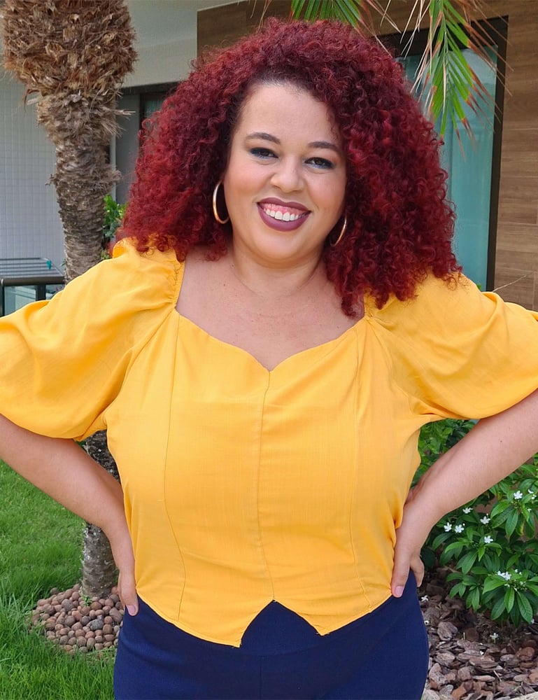 Blusa Feminina Plus Manga Bufante Mostarda