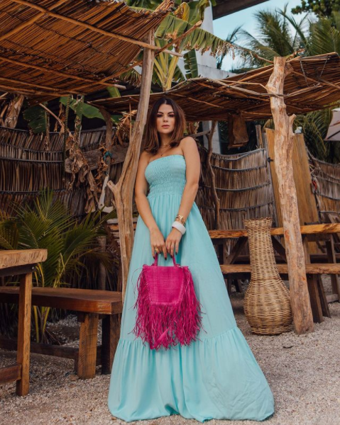 Vestido longo Azul Tiffany com Lastex