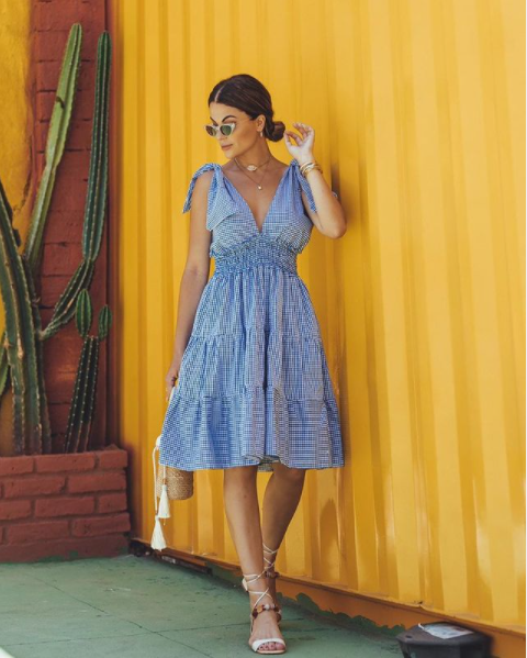 Vestido Feminino Xadrez Azul com Amarração