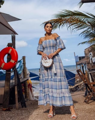 Venda e Cia  Vestido Longo Azul Xadrez Duas Marias Ciganin  1