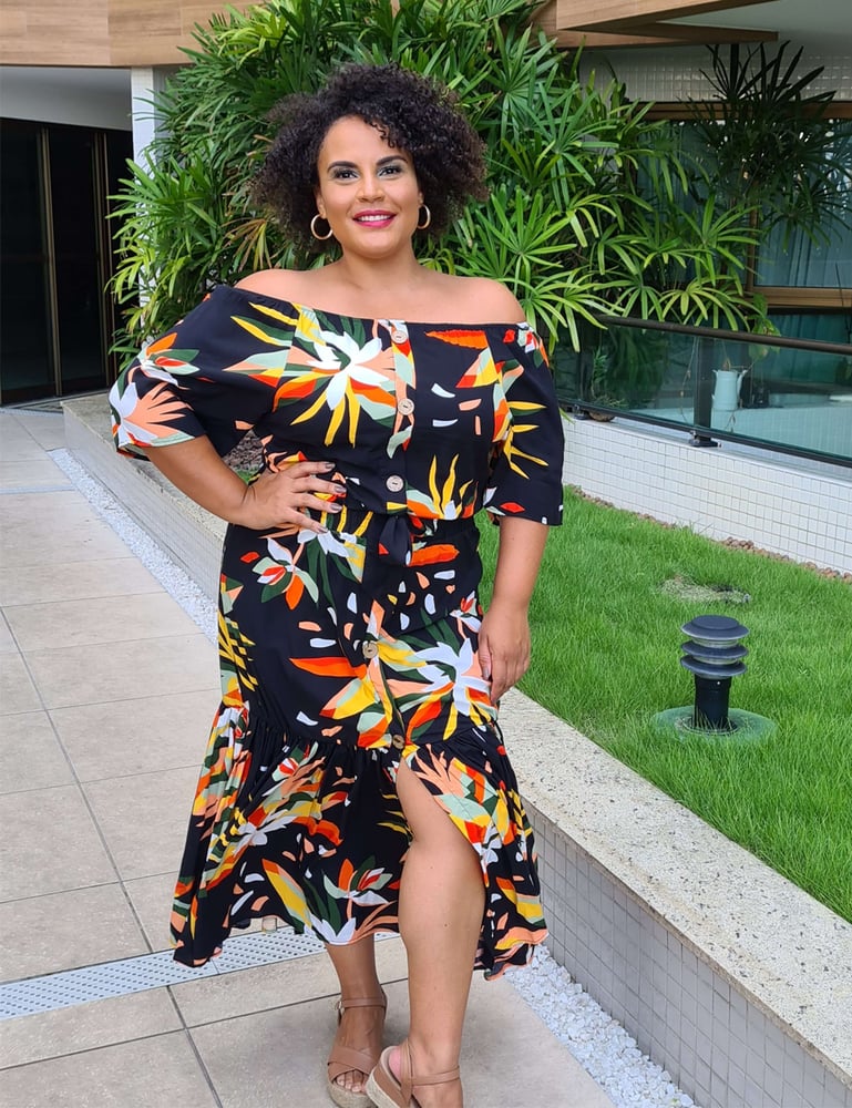 Conjunto Longo Feminino Plus Estampado Preto