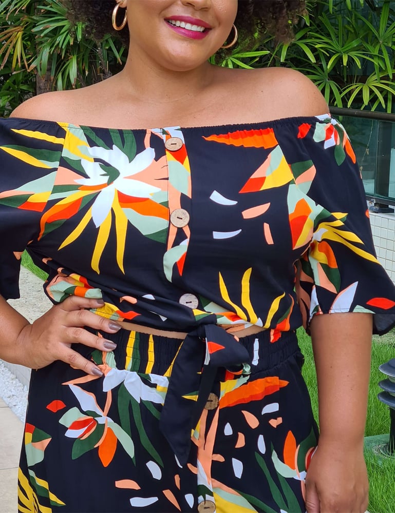 Conjunto Longo Feminino Plus Estampado Preto