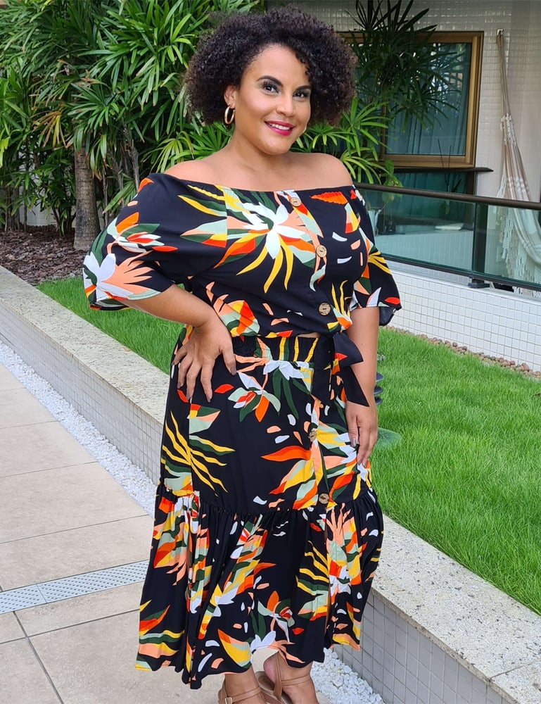 Conjunto Longo Feminino Plus Estampado Preto