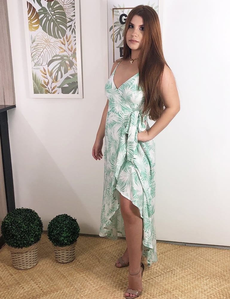 Vestido Longo Envelope Estampado Verde de Alça