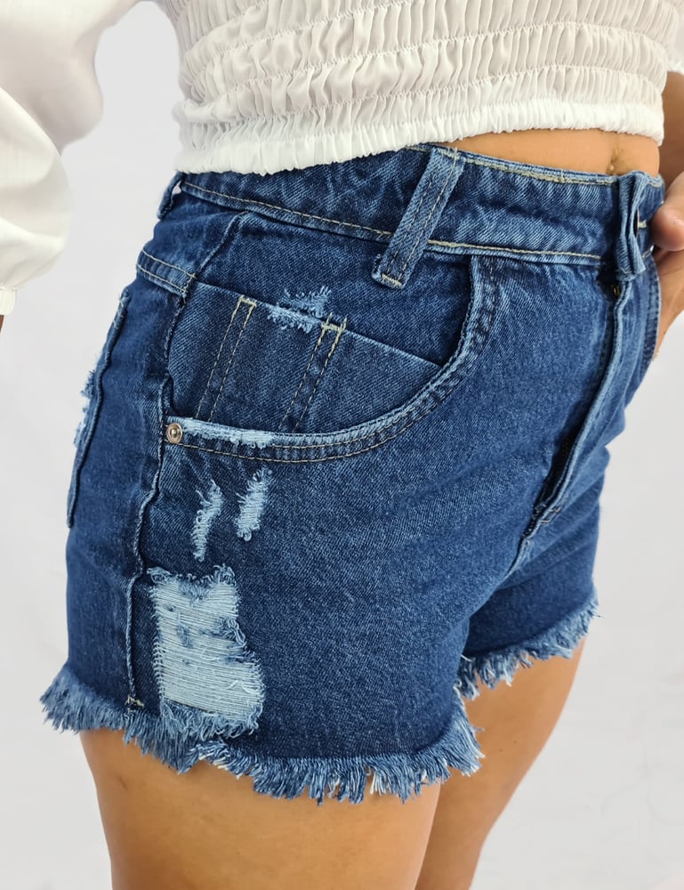 Short Feminino Jeans Destroyd Azul Médio