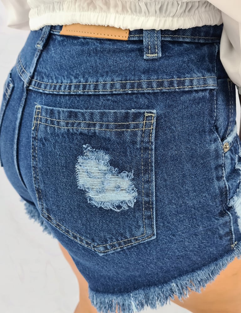 Short Feminino Jeans Destroyd Azul Médio