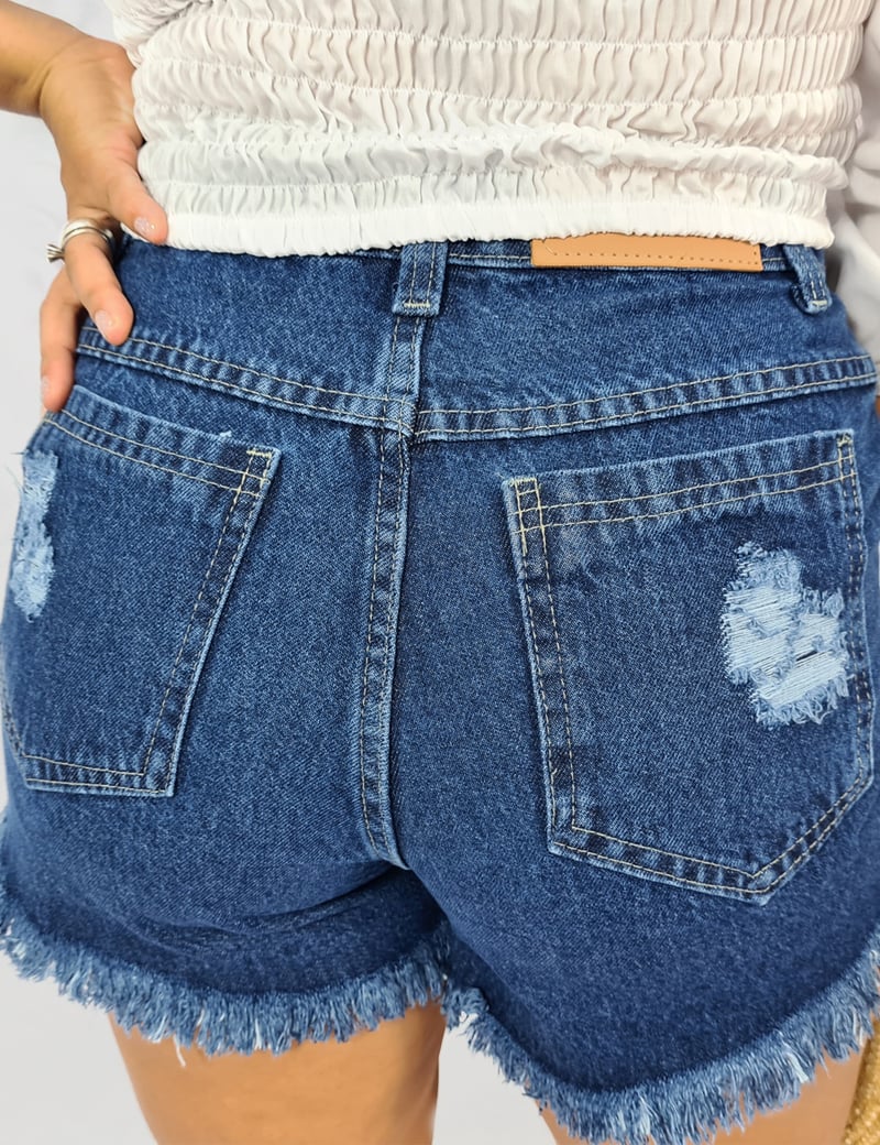 Short Feminino Jeans Destroyd Azul Médio