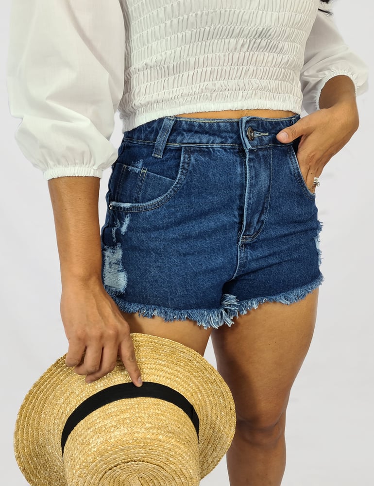 Short Feminino Jeans Destroyd Azul Médio