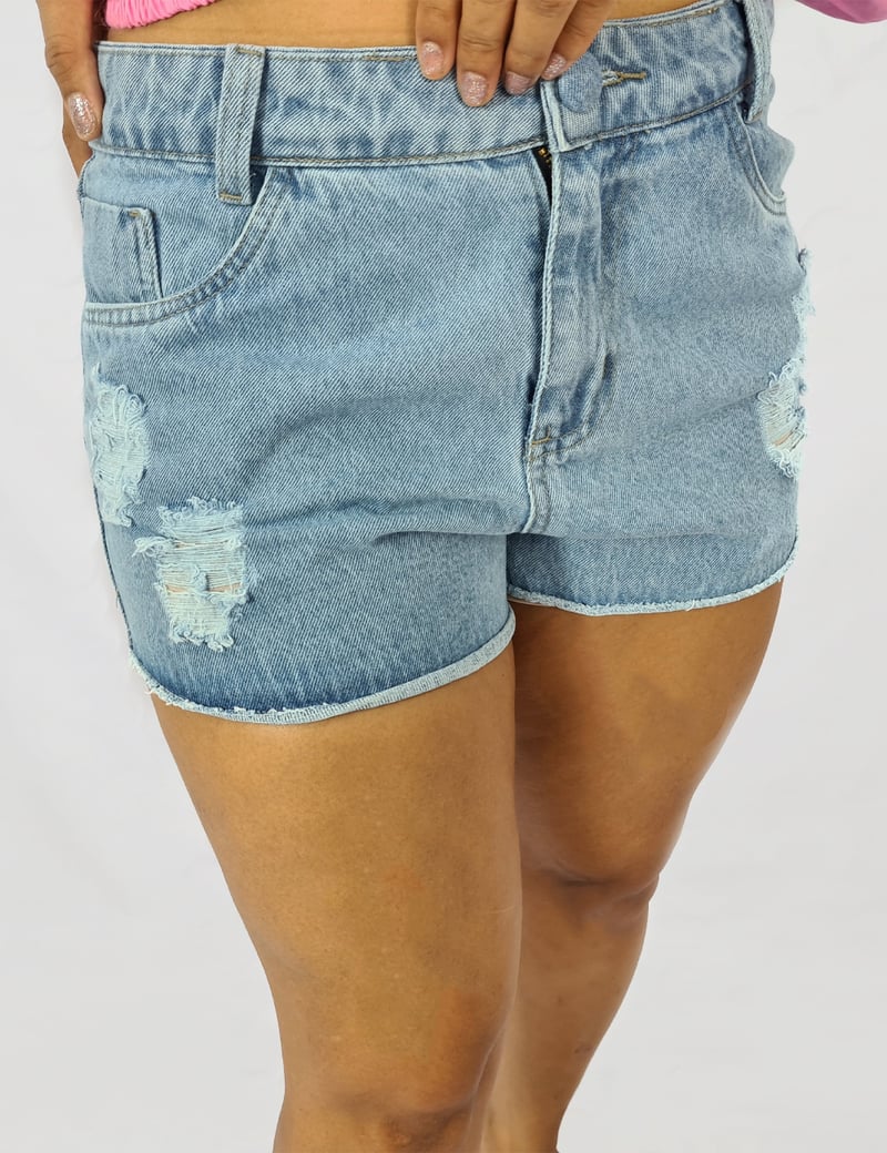 Short Feminino Jeans Destroyd Azul Claro