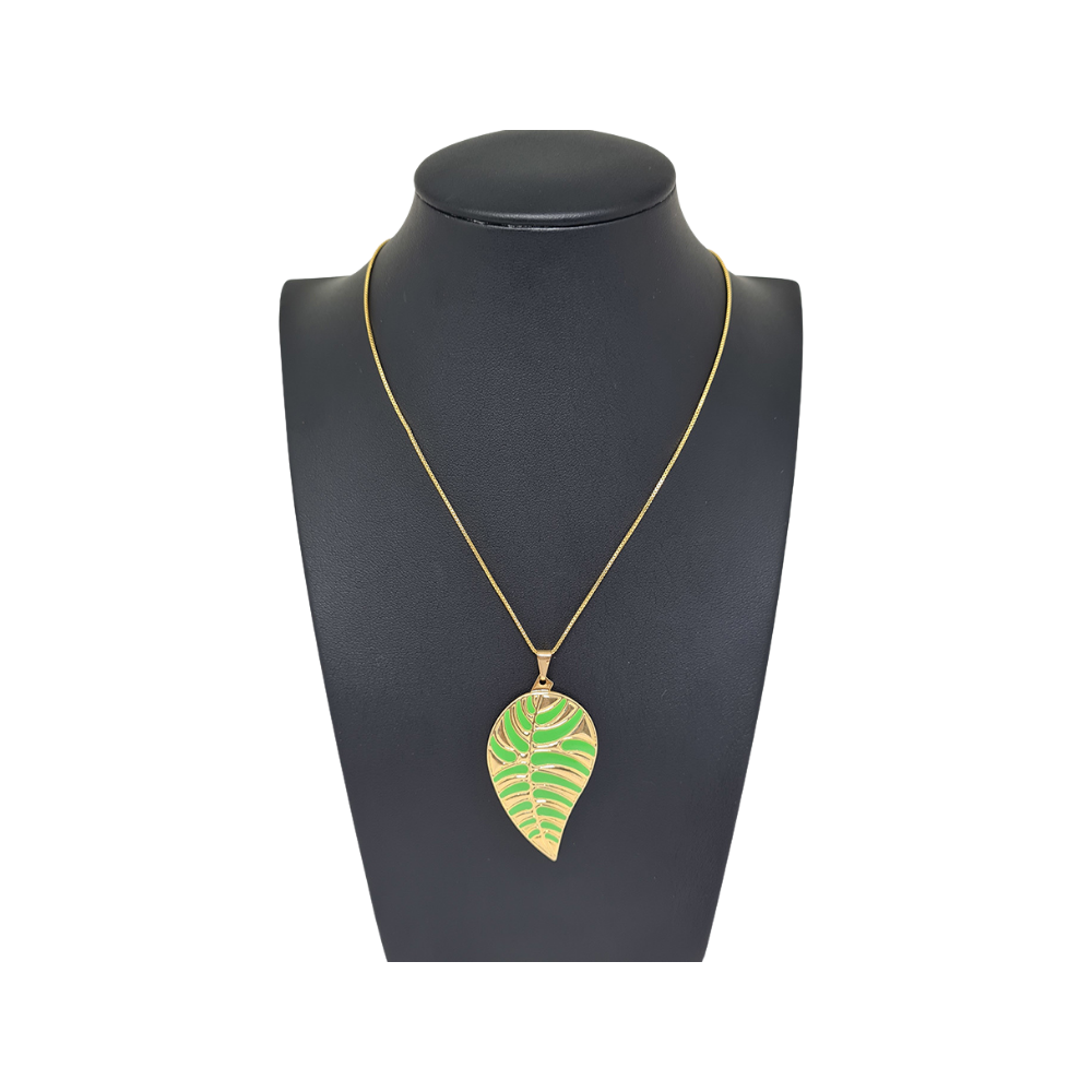 Colar Dourado com Pingente Folha Verde