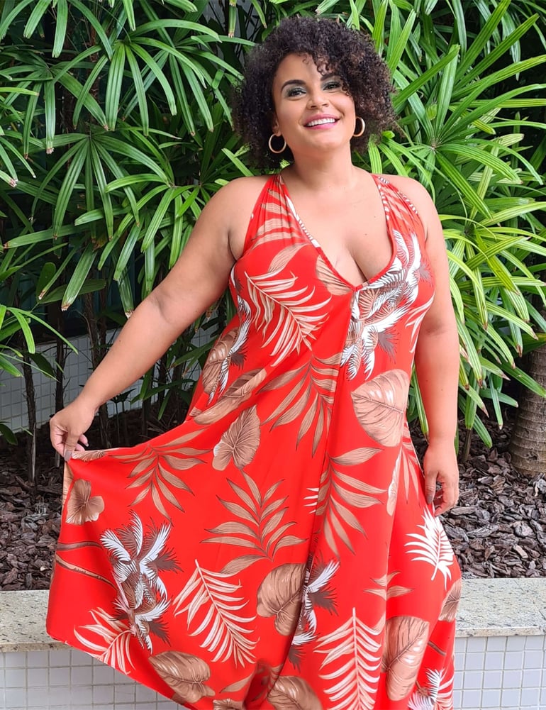 Macacão Longo Decote V Estampado Vermelho