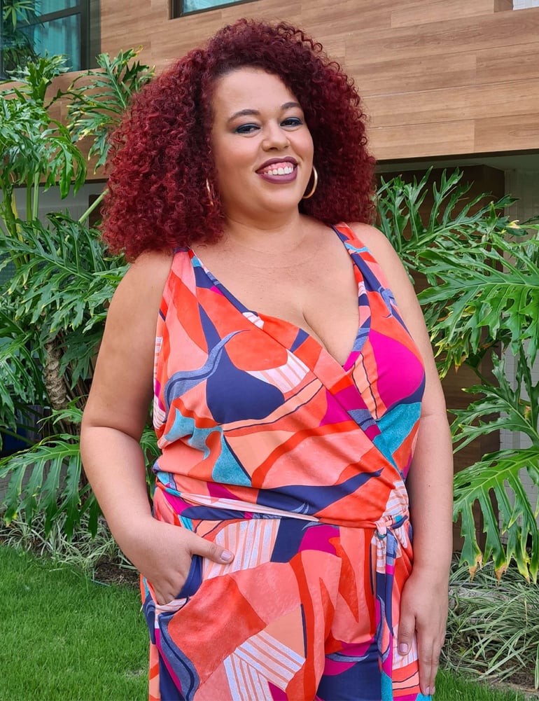 Macaquinho Feminino Plus Transpassado Laranja Estampado