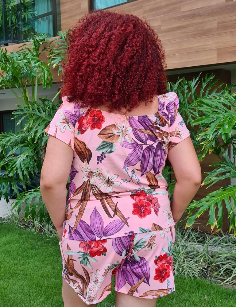 Conjunto Feminino Plus Malha Rosa Estampado