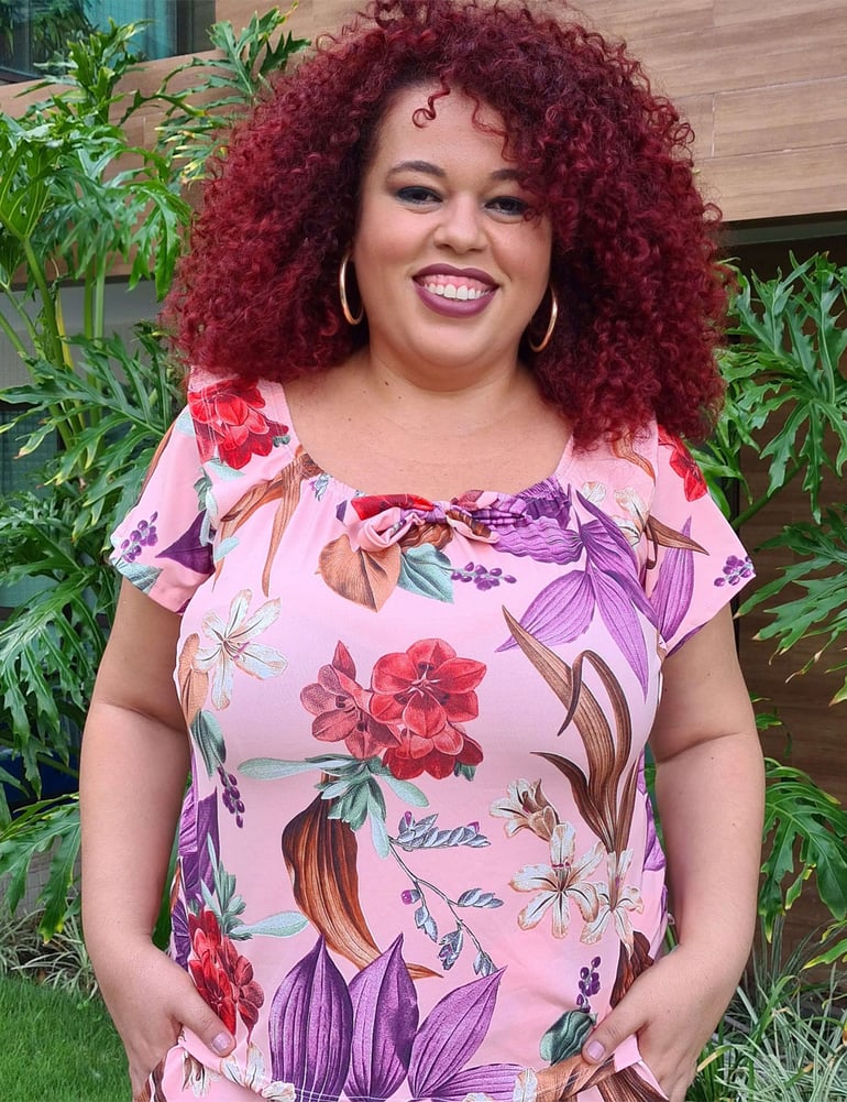 Conjunto Feminino Plus Malha Rosa Estampado