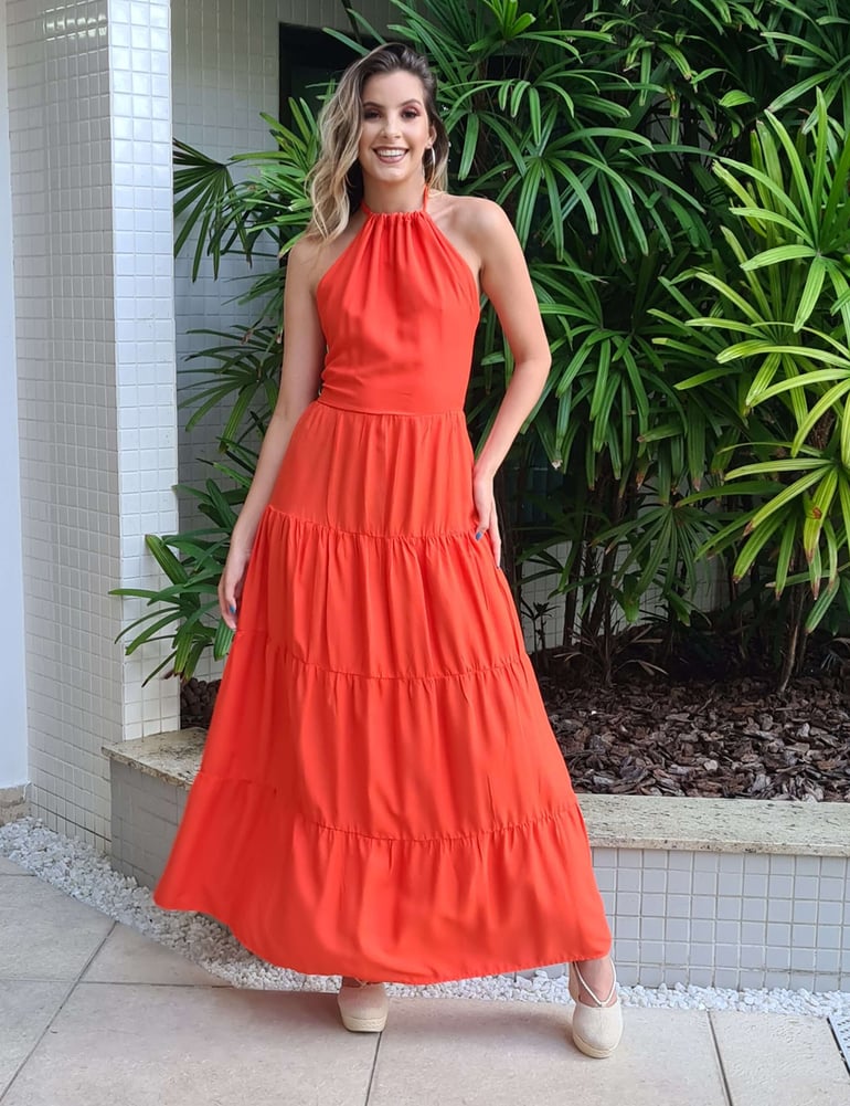 Vestido Feminino Longo Frente Única Coral