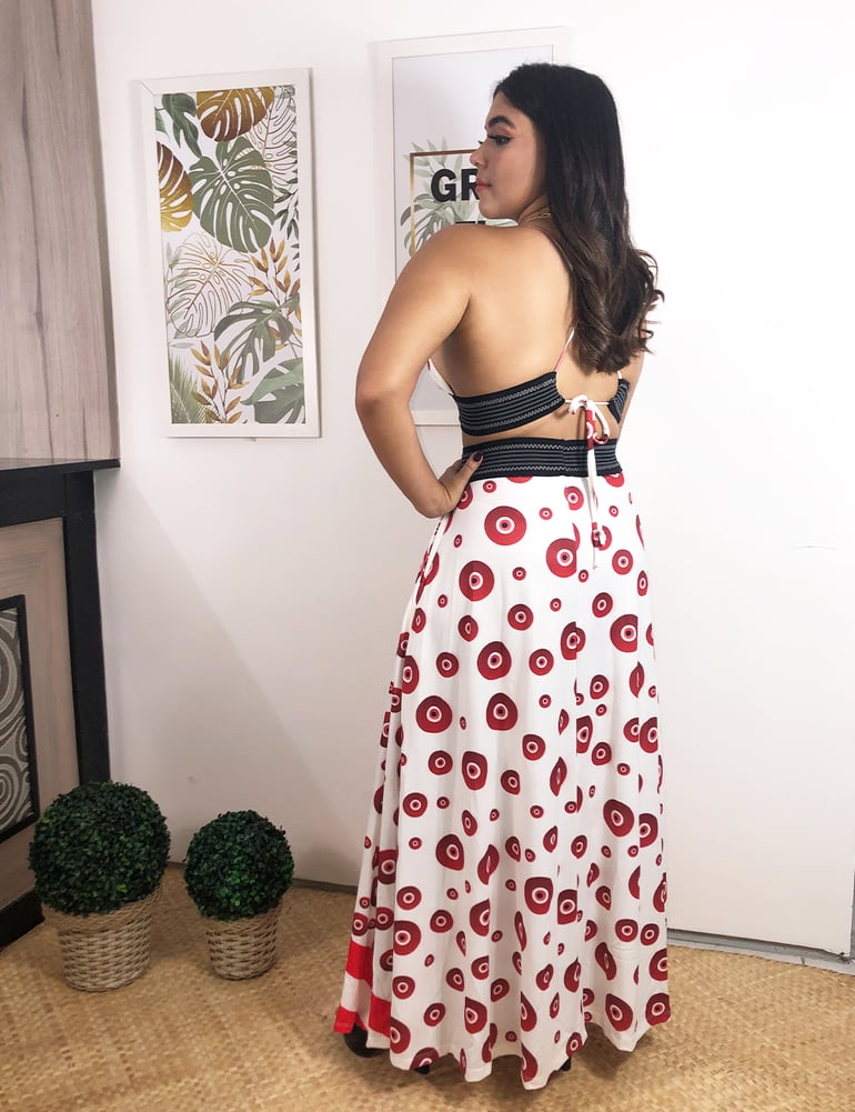Conjunto Feminino Saia Longa e Top Olho Grego Vermelho