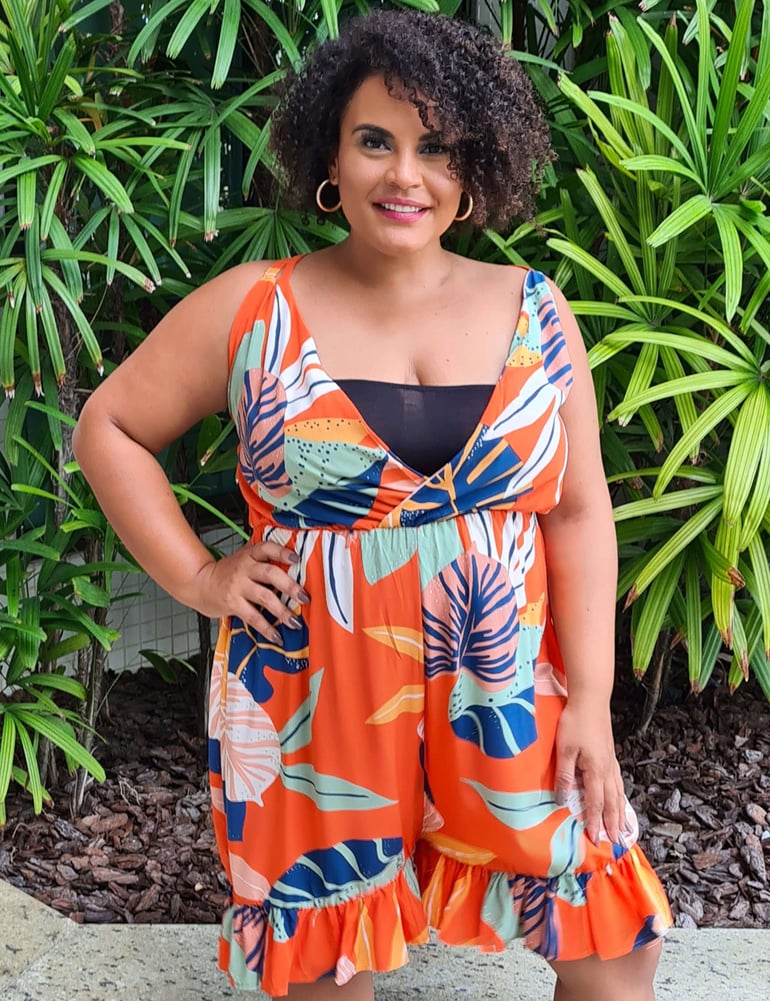 Macaquinho Feminino Plus Laranja Estampado