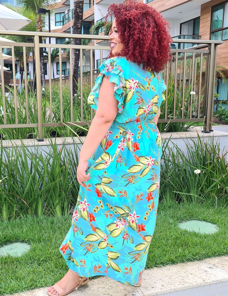 Vestido Longo Plus com Manga Babados Turquesa