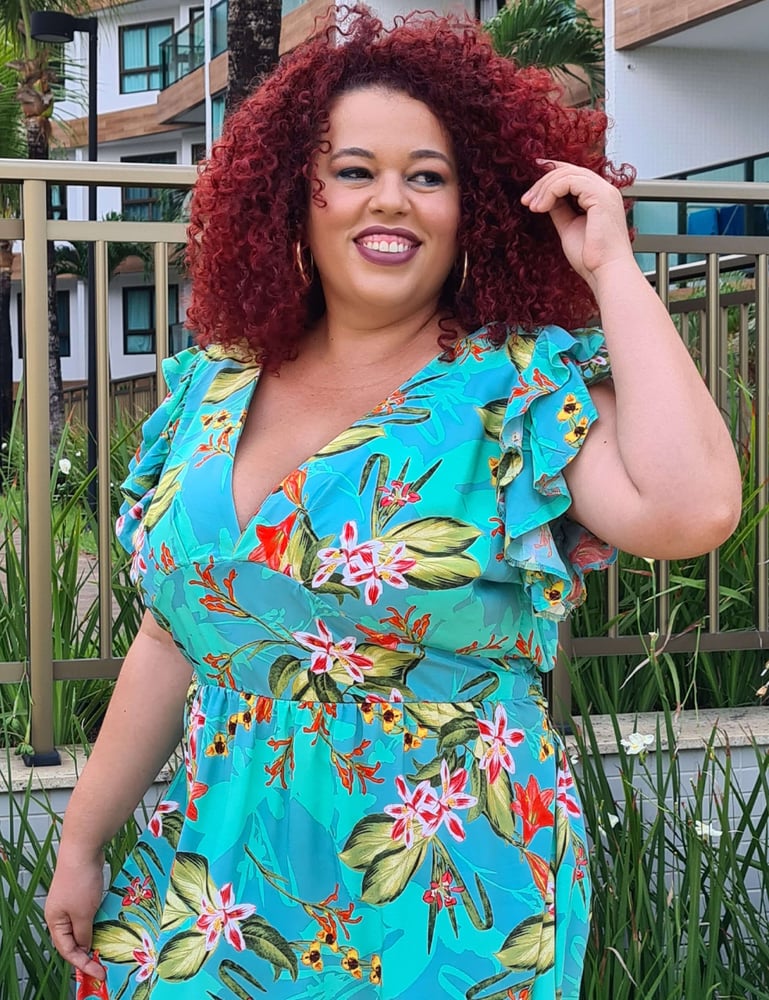 Vestido Longo Plus com Manga Babados Turquesa