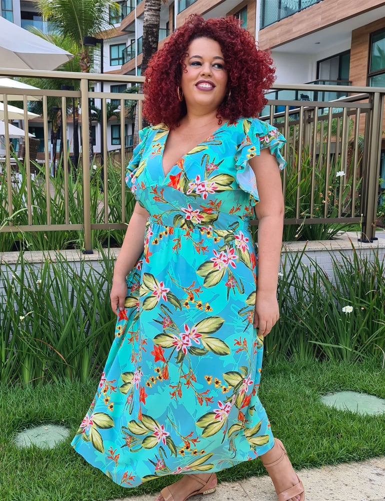 Vestido Longo Plus com Manga Babados Turquesa