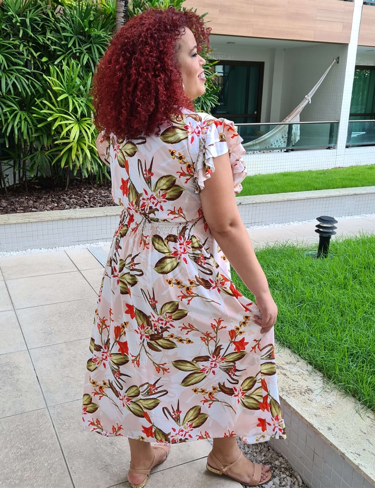 Vestido Longo Plus com Manga Babados Rosa Claro
