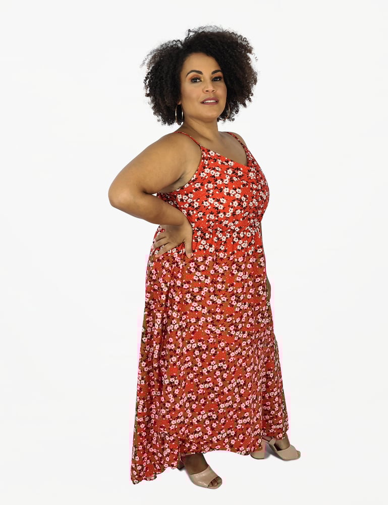 Vestido Longo Mullet Floral Vermelho Plus