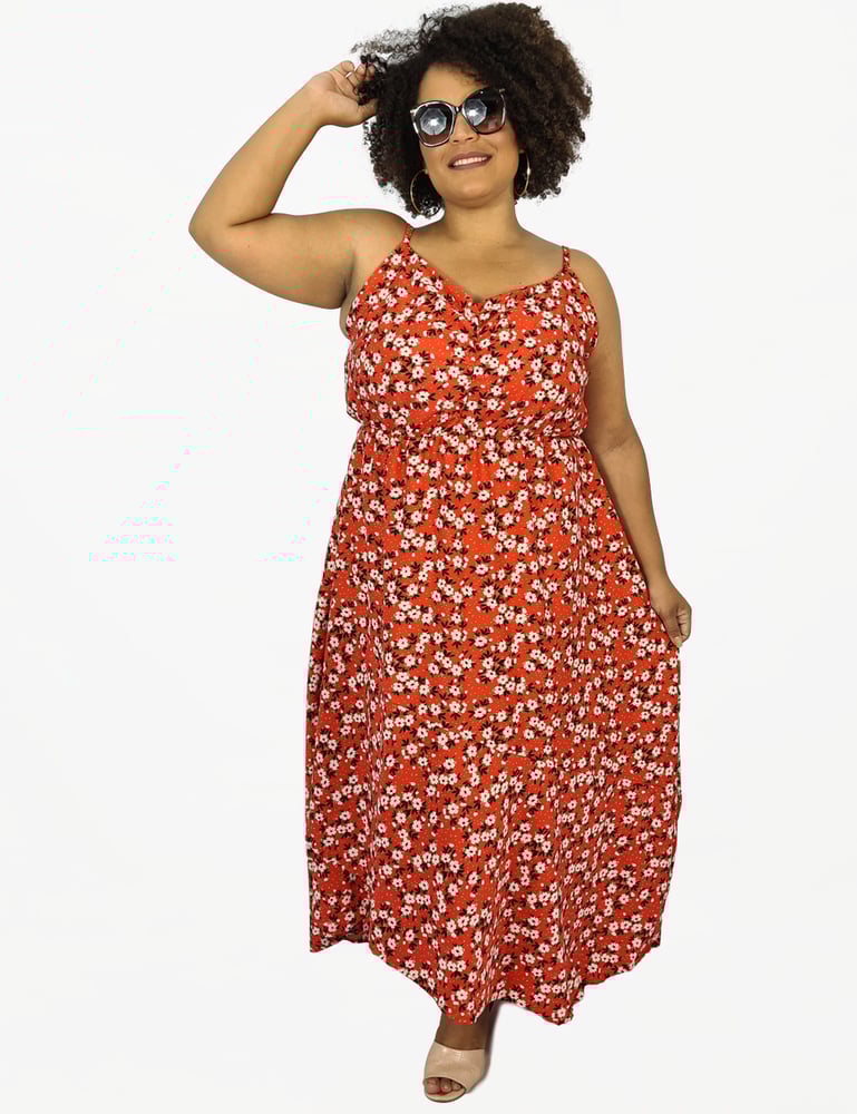 Vestido Longo Mullet Floral Vermelho Plus