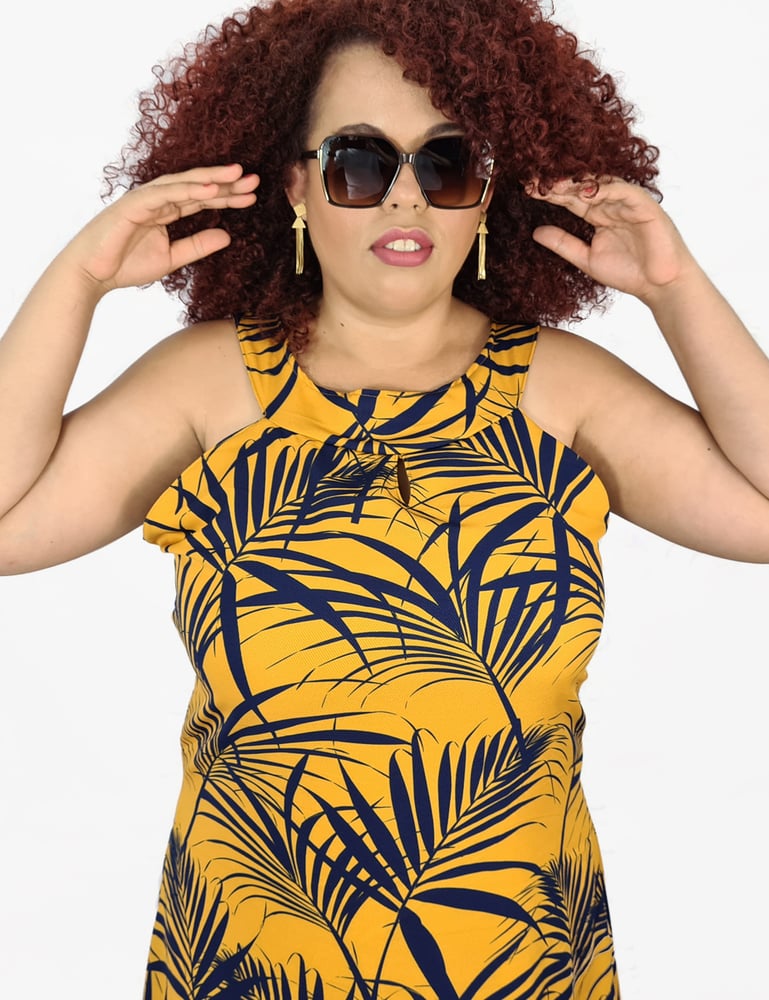 Vestido Feminino Midi Social Estampado Mostarda