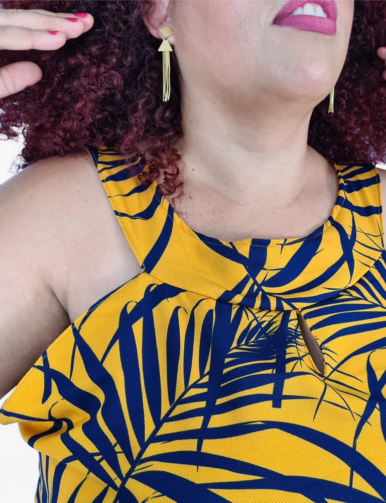 Vestido Feminino Midi Social Estampado Mostarda