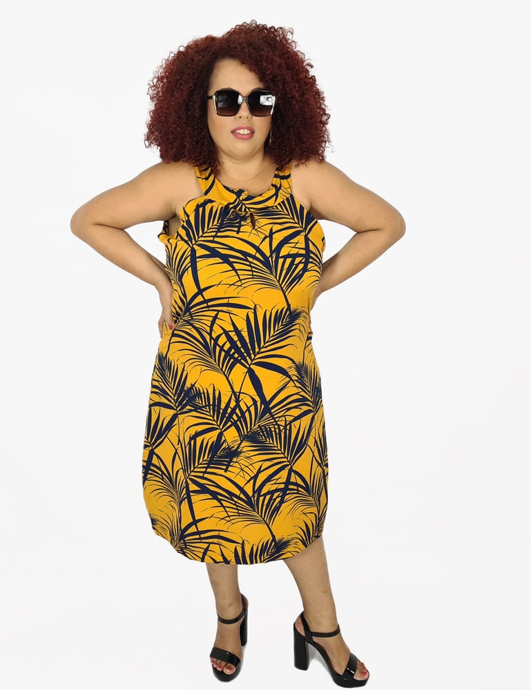 Vestido Feminino Midi Social Estampado Mostarda