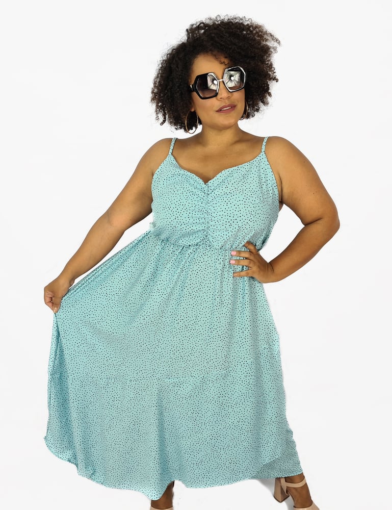 Vestido Longo Mullet Poá Azul Plus