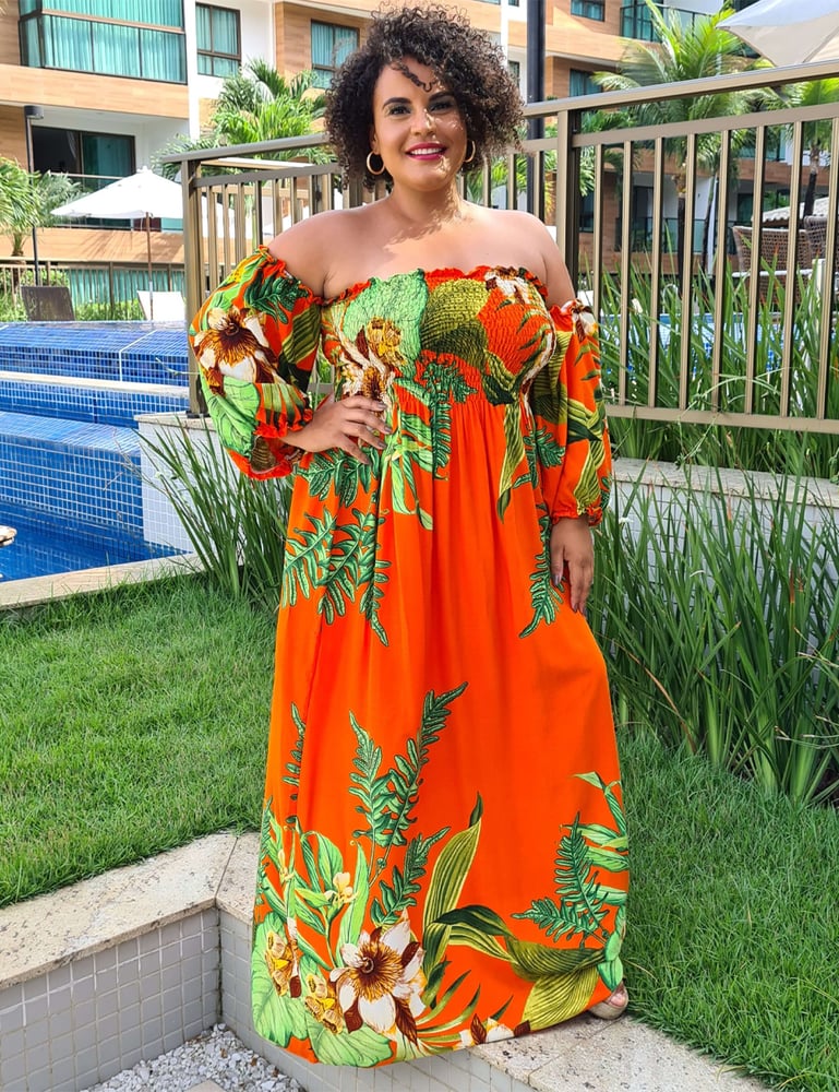 Vestido Longo Plus Lastex Laranja Estampado