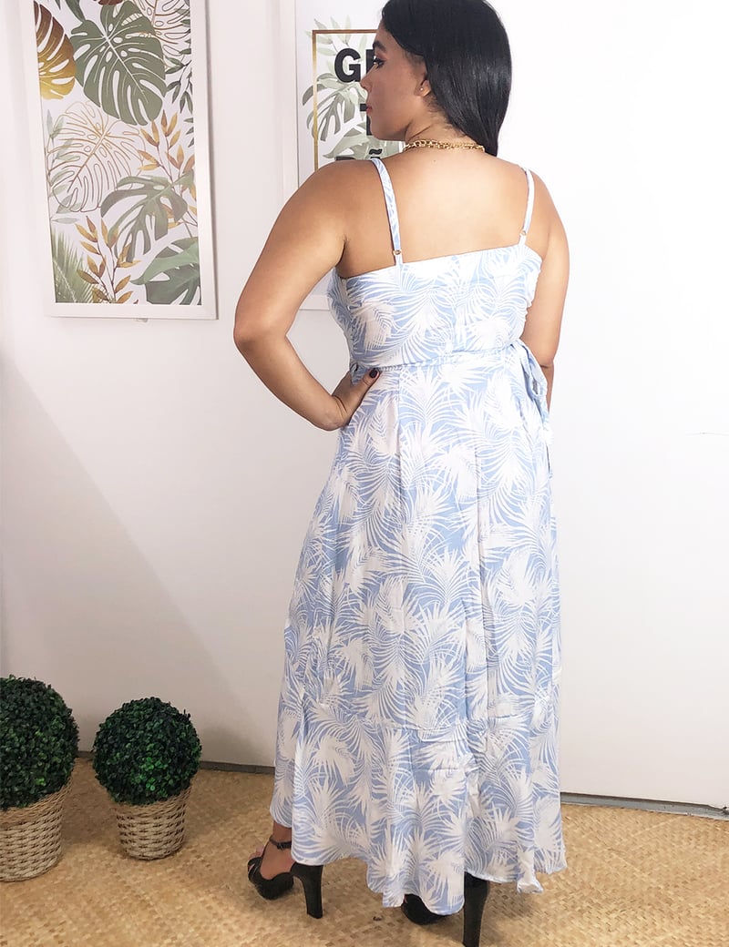 Vestido Longo Envelope Estampado Azul de Alça