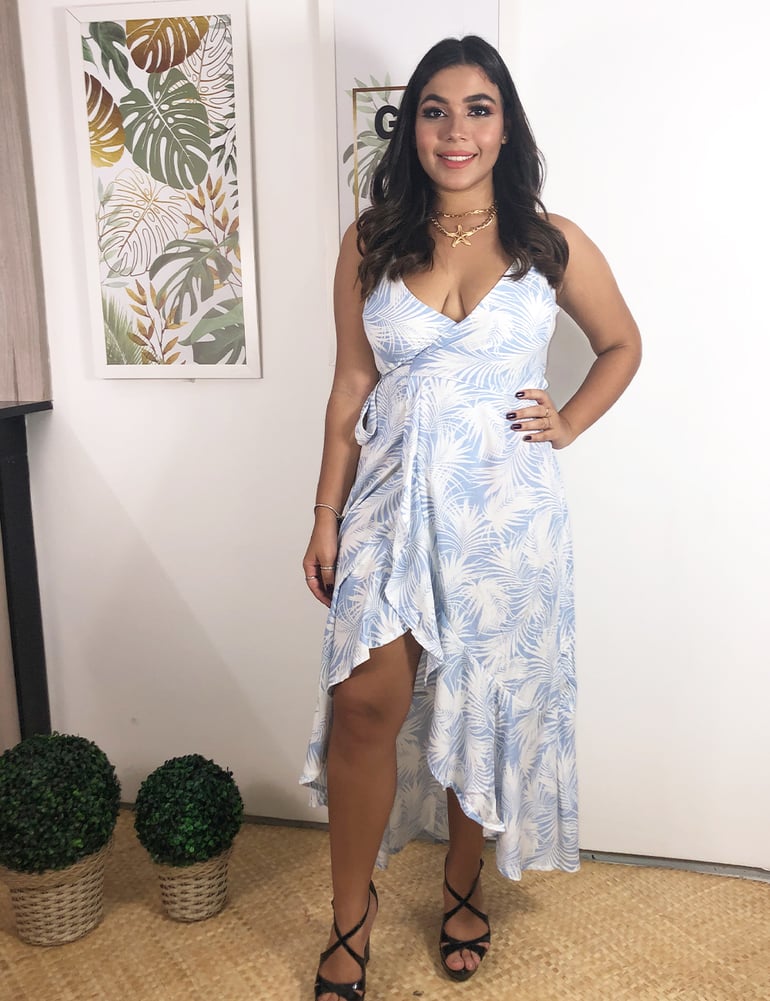 Vestido Longo Envelope Estampado Azul de Alça