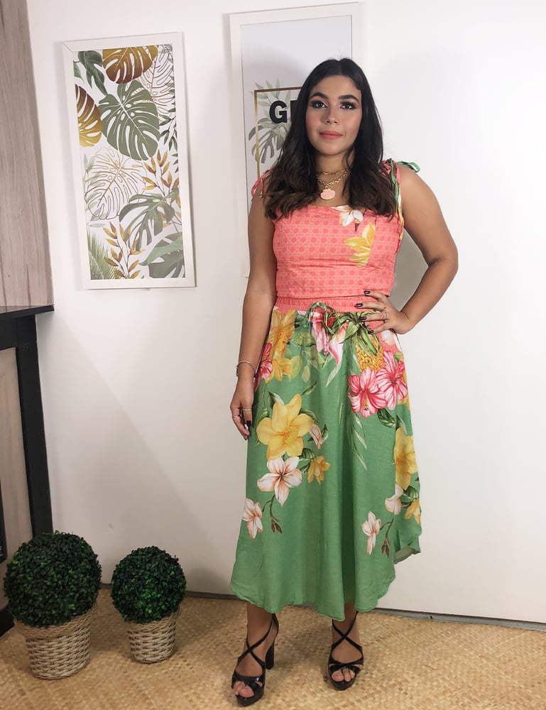 Conjunto Feminino de Saia Midi e Cropped Estampado Verde