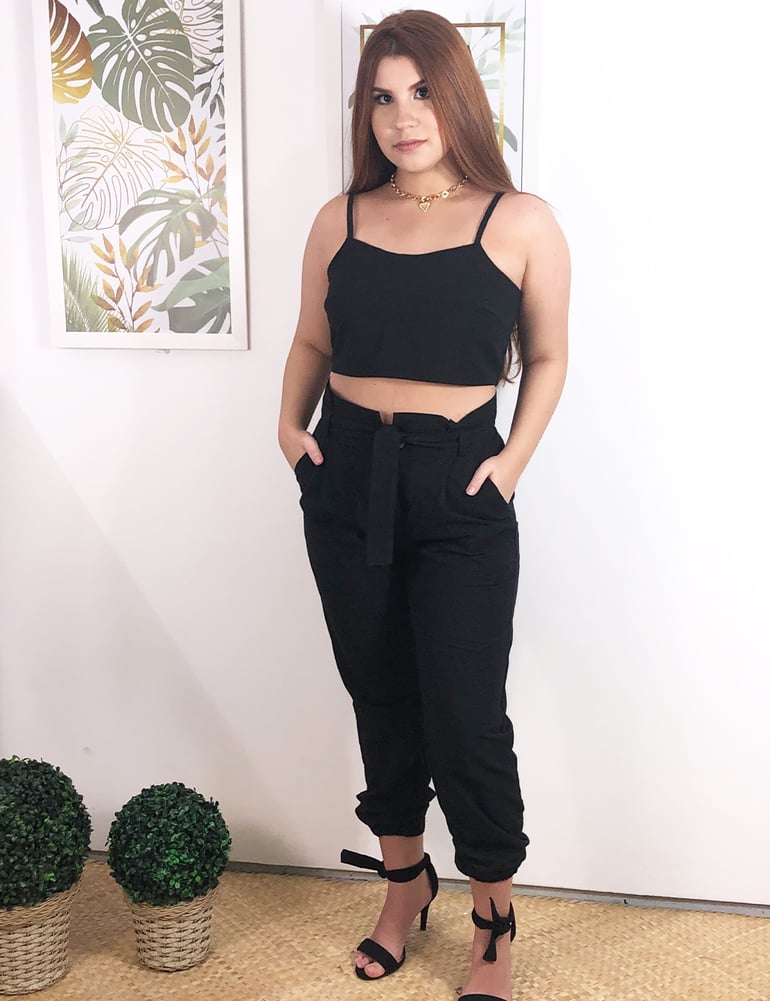 Conj.calça e cropped com lastex em viscolinho Preto
