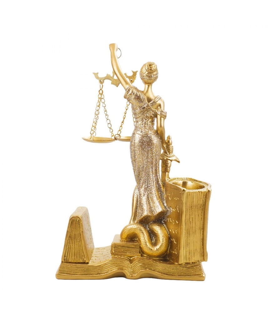 Enfeite Dama Da Justiça Dourada Porta Caneta 20 cm - Resina