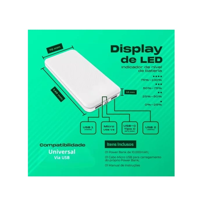 Carregador Portátil Power Bank 10.000mah Universal Externa