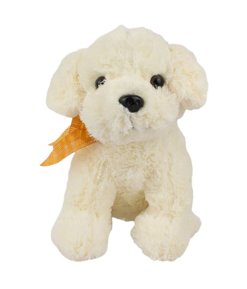 Cachorro De Pelúcia Branco Sentado Laço 24 cm