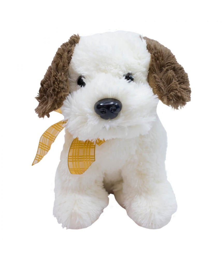 Cachorro De Pelúica Sentado Orelhas Marrom Laço 24 cm