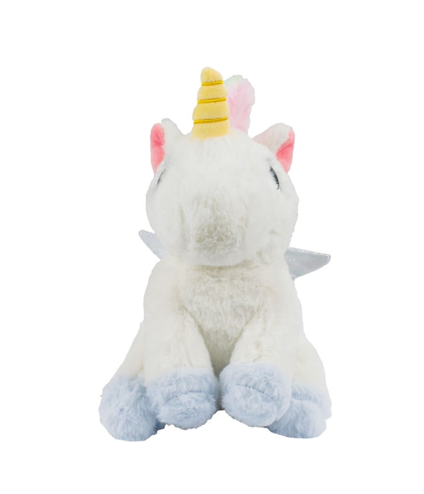 Unicórnio De Pelúcia Sentado Patas Olhos Azul 22cm 
