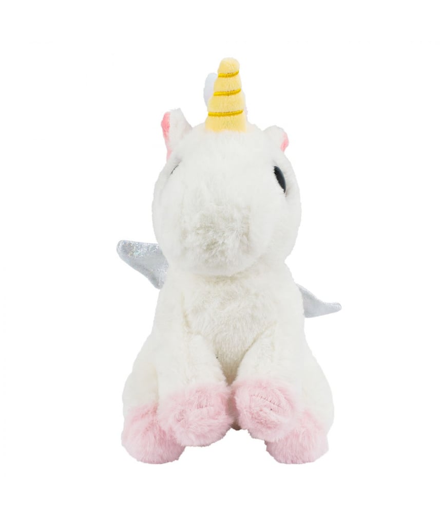Unicórnio De Pelúcia Sentado Patas Olhos Rosa 22cm