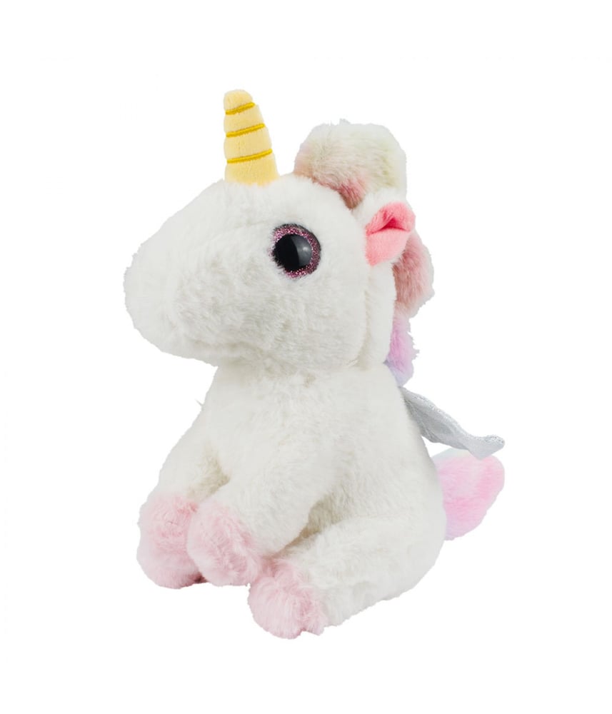 Unicórnio De Pelúcia Sentado Patas Olhos Rosa 22cm