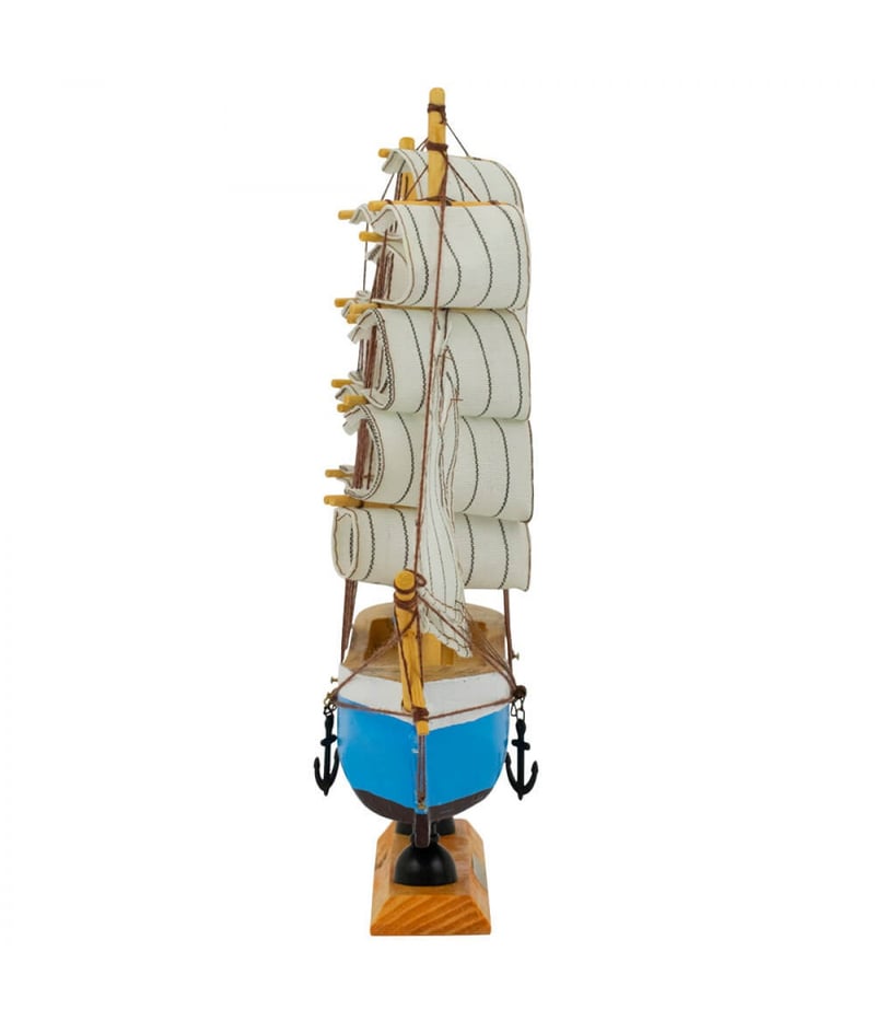 Miniatura Barco Navio Veleiro Madeira Casco Azul 26x5x29cm