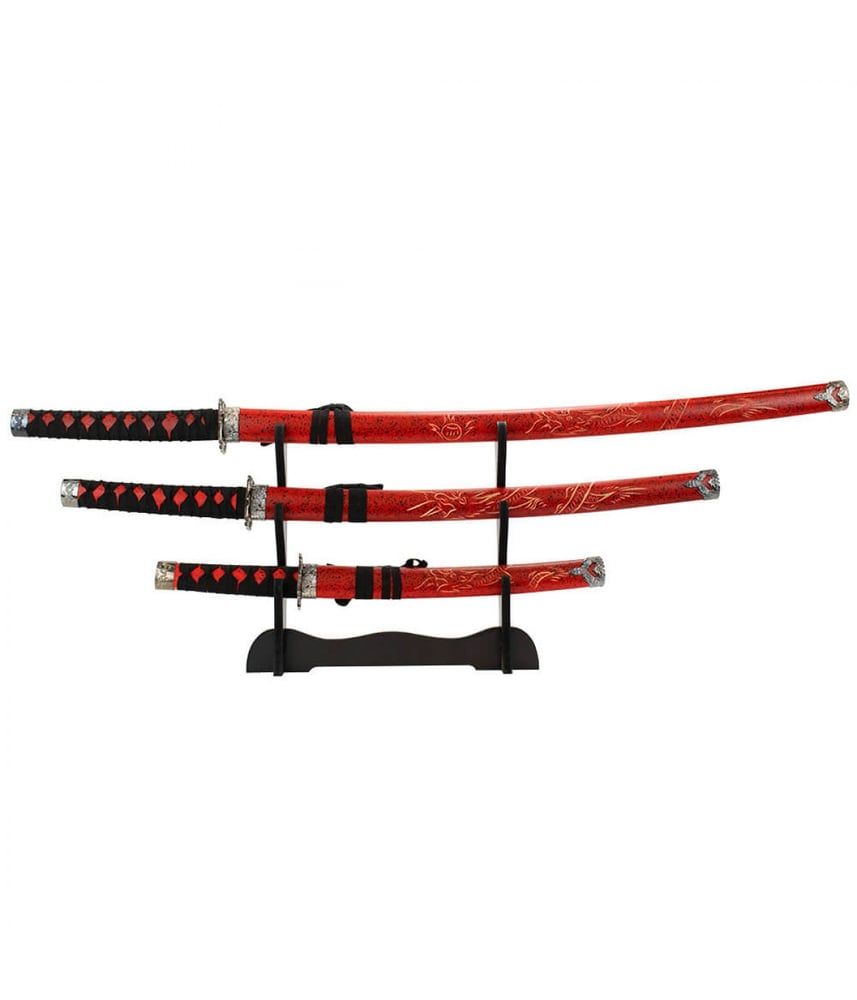 Jg 3 Espadas Decorativa Vermelha Japonesa Katana 100cm 79cm 54cm