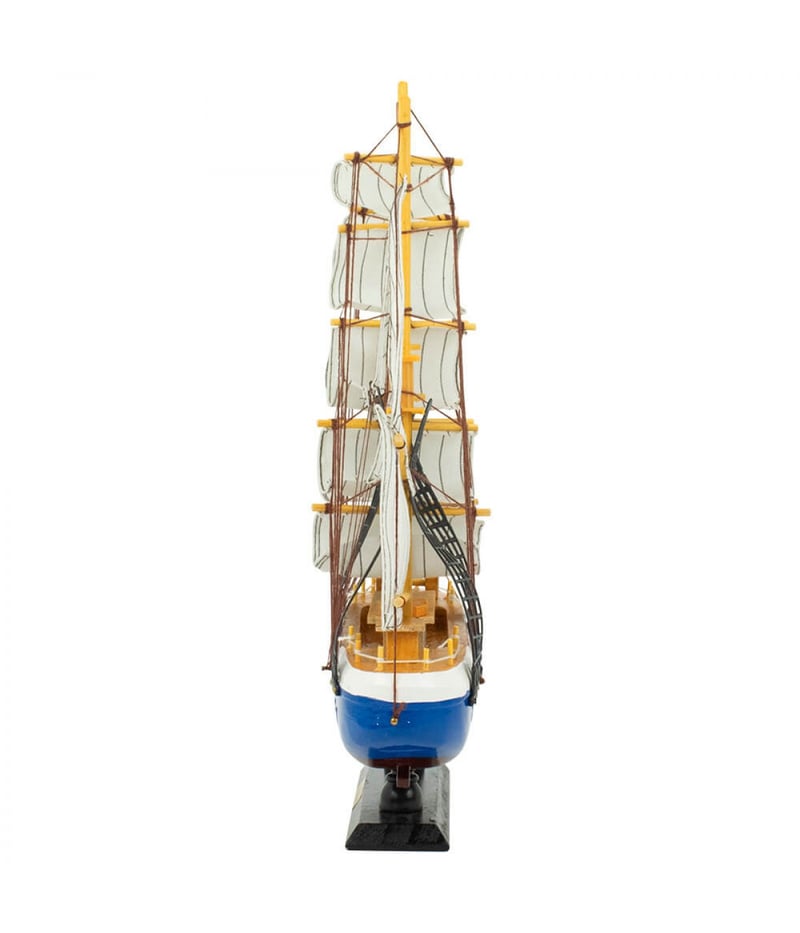 Miniatura Barco Navio Veleiro Madeira Casco Azul 38x6x43cm